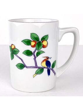 Vintage kingfisher mug by Taitu white porcelain, bird & fruit tree made in Japan